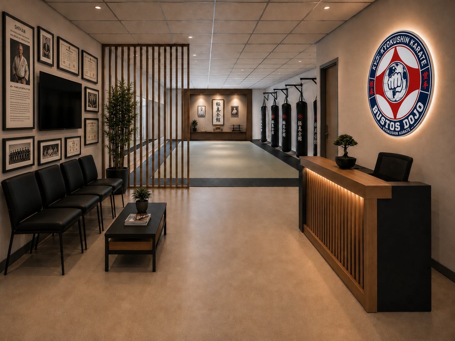 Recepción de la nueva sede del Bustos Dojo con logo retroiluminado y vista al tatami