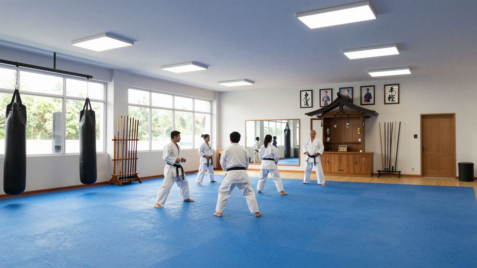 Sala de entrenamiento de la nueva sede con tatami azul profesional